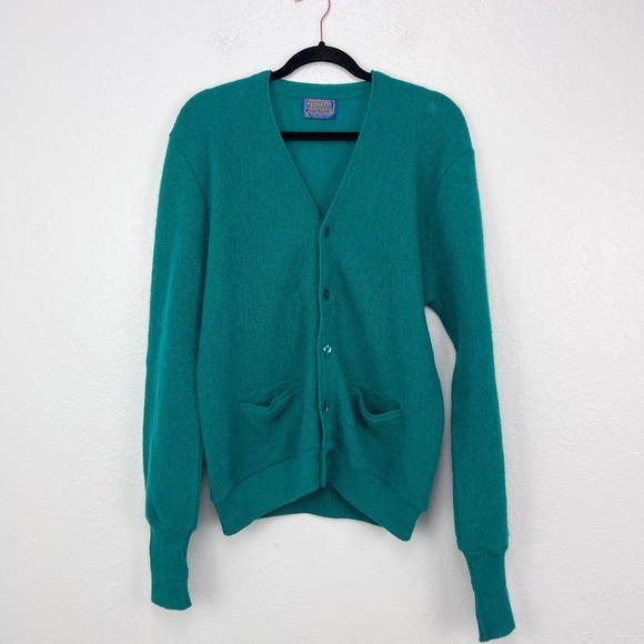 Vintage 60s Pendleton True Teal Green Blue Pure Virgin Wool Cardigan - Picture 2 of 8